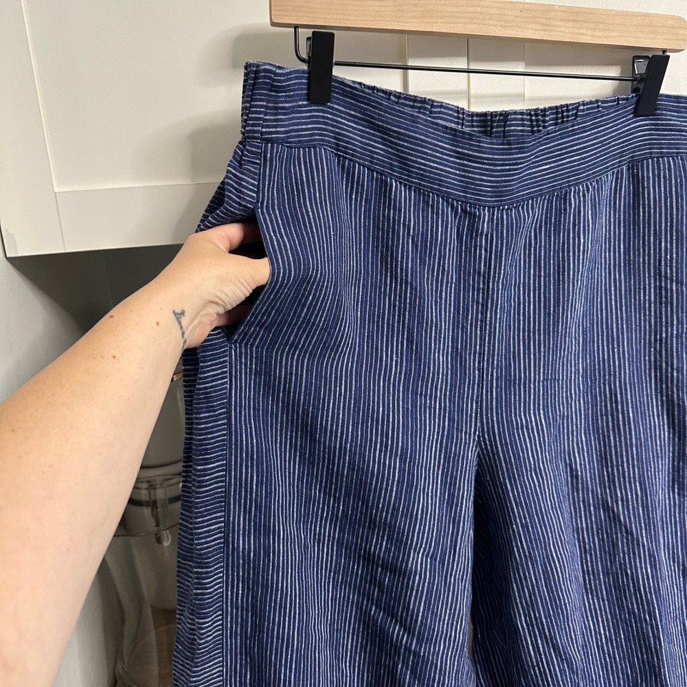 LIV by Habitat Clothes Pants Womens Large Blue Striped 100% Linen Wide Leg Crop - Picture 7 of 13